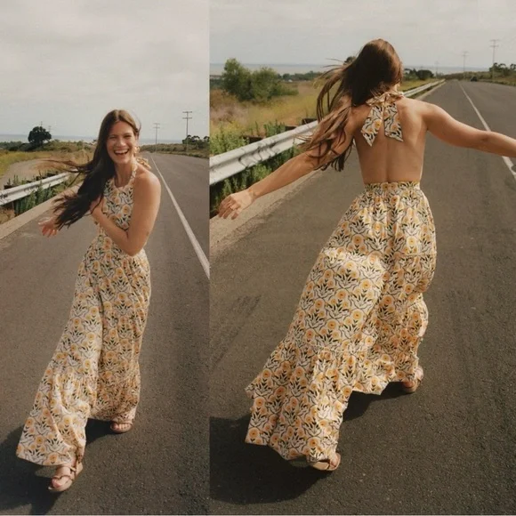 Agua by Agua Bendita Naranja Mimosa Halter Yellow Floral Maxi Dress Size S - Picture 5 of 12